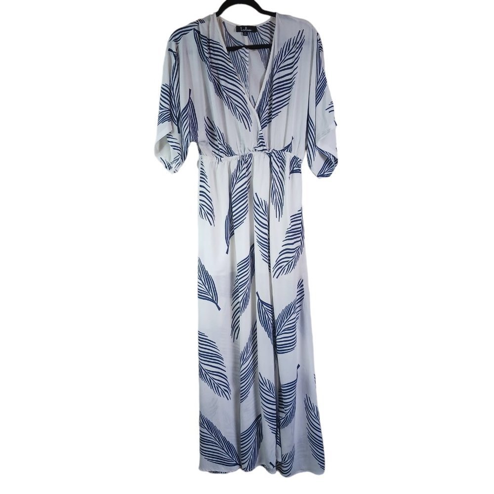 Lulus Womens Size Small Maxi Dress White Blue Sign Of The Times Flowy Beachy - Picture 1 of 16